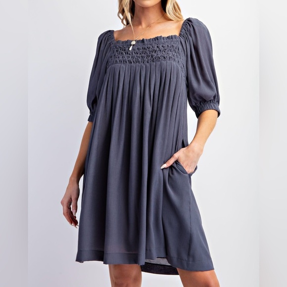🔥🔥New Boutique Pleated Babydoll Poly Crepe Dress Faded Navy - Picture 5 of 5